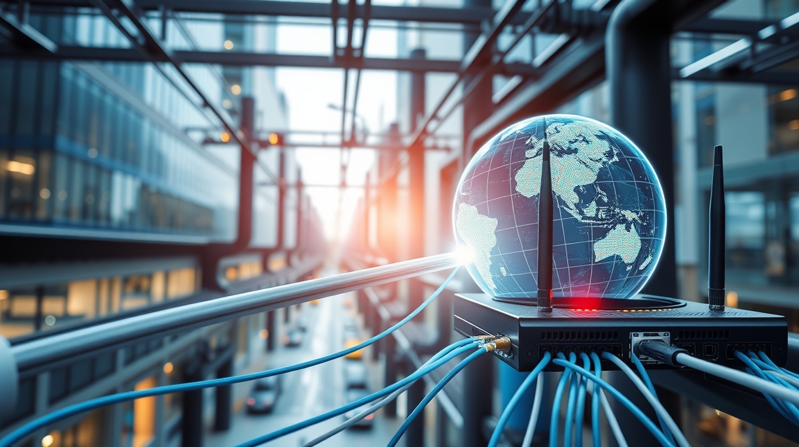 Moderný router s globusom, symbolizujúcim internetové pripojenie v mestskom prostredí.