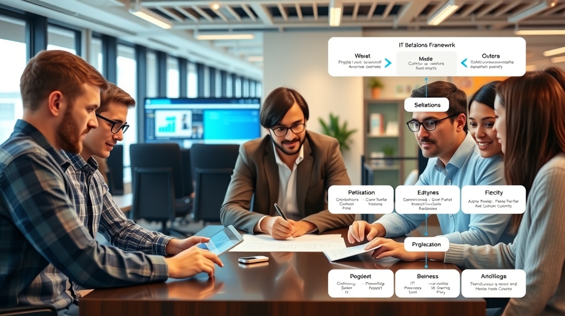 Skupina profesionálov diskutuje o IT keretrendszerek és projektek tervezéséről.