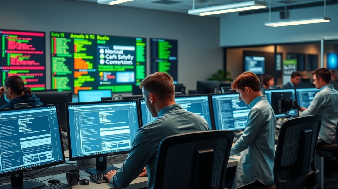 Skupina IT odborníkov pracuje v modernom kancelárskom prostredí s viacerými obrazovkami.