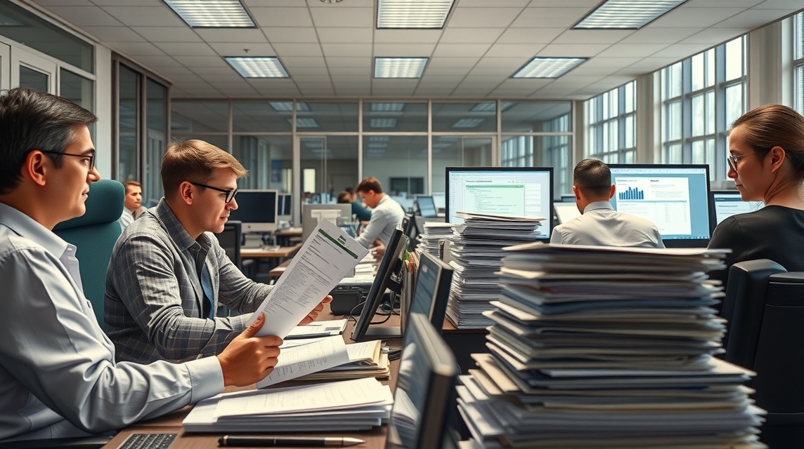 Dva muži s okuliarmi čítajú dokumenty v kancelárii plnej počítačov a papierov.