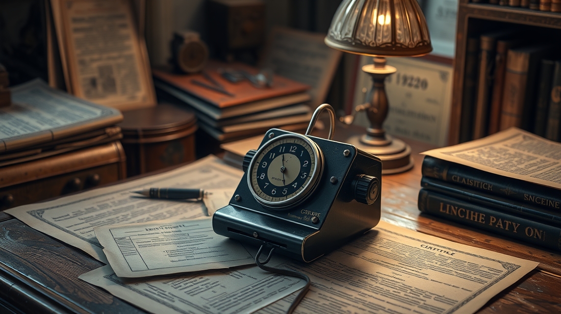 Starý mechanický budík na drevenom stole obklopený dokumentmi a knihami.