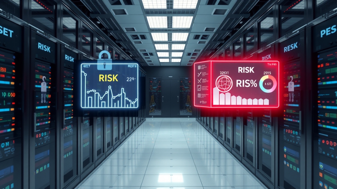 Modern dátacenter belső tere, kék és piros kockák kockázati mutatókkal.