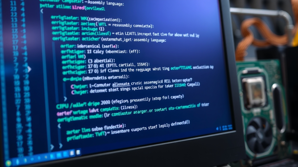 Záber na monitor s kódom v assemblerovom jazyku, zobrazený na tmavom pozadí.