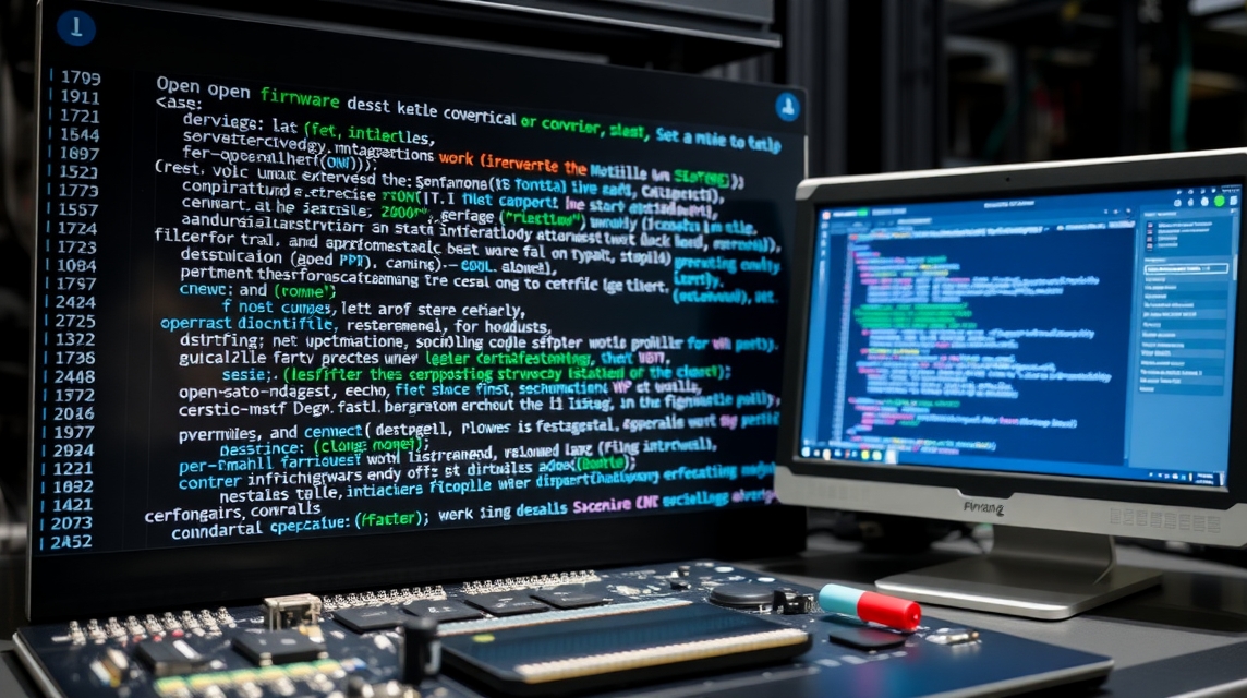 Dva monitor s kódom a elektronickými komponentmi na stole.