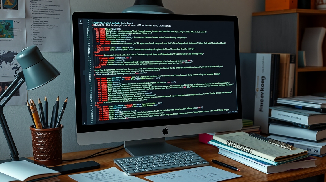 Na obrazovke počítača je zobrazený kód s farebným zvýraznením a poznámkami.