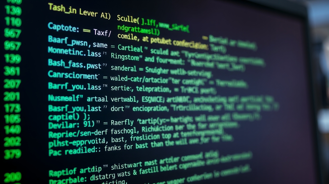 Obrazovka počítača s kódom a textom v rôznych farbách na tmavom pozadí.