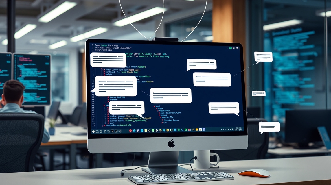 Počítač s kódom a bublinkami chatu v modernom kancelárskom prostredí.
