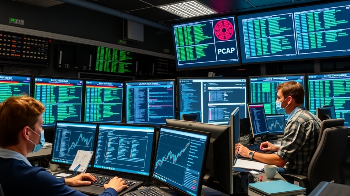 Dva pracovníci v modernom kontrolnom centre s viacerými obrazovkami a dátovými analýzami.