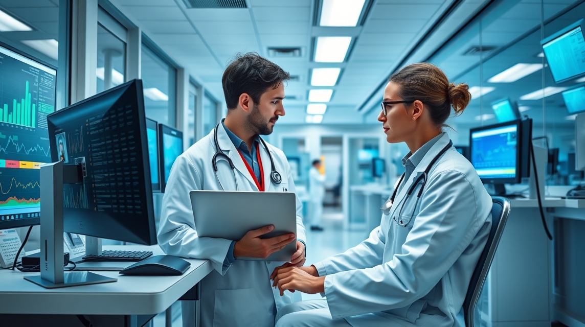 Dva lekári konzultujú egy modern orvosi irodában, számítógépekkel és grafikonokkal.