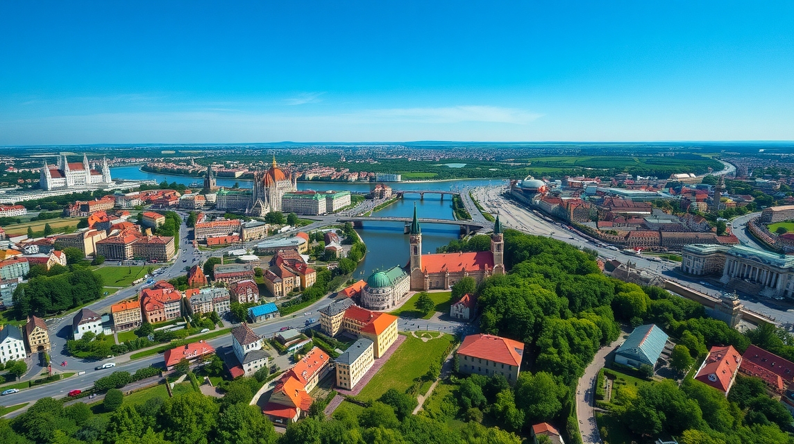 Pohľad na mesto s historickými budovami a riekou v pozadí.