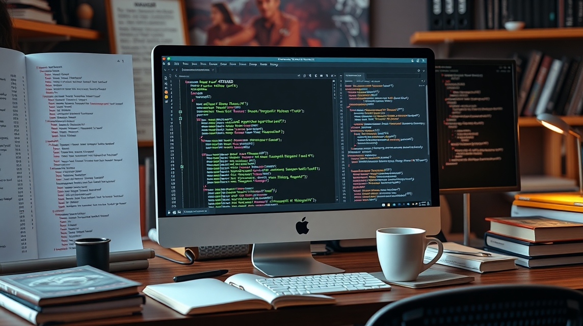 Počítač s kódom na obrazovke a knihy na stole v kancelárii.