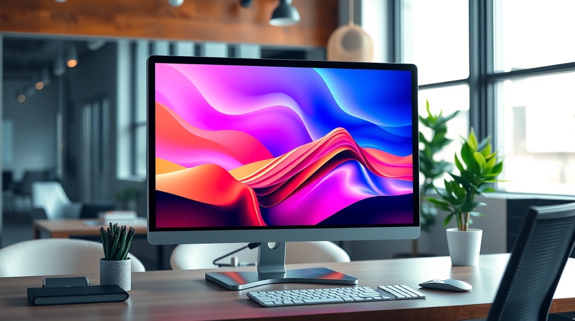 Moderný počítačový monitor s farebným pozadím v kancelárii.