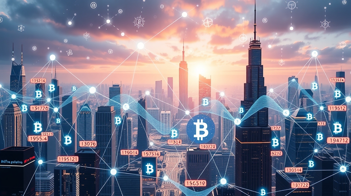 Mestská panoráma, na ktorej sú zobrazené grafy a symboly kryptomien.