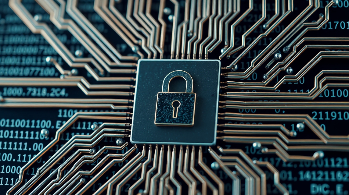 Detailný pohľad na čip s ikonou zámku, symbolizujúci kybernetickú bezpečnosť.