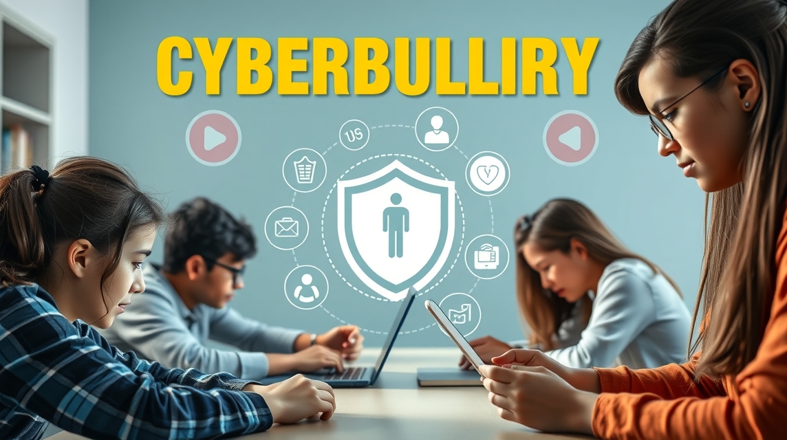 Skupina mladých ľudí sedí pri stole a používa elektronické zariadenia, diskutujú o kyberšikanovaní.