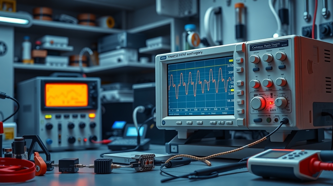 Laboratórne vybavenie s osciloskopom a rôznymi prístrojmi na meranie.