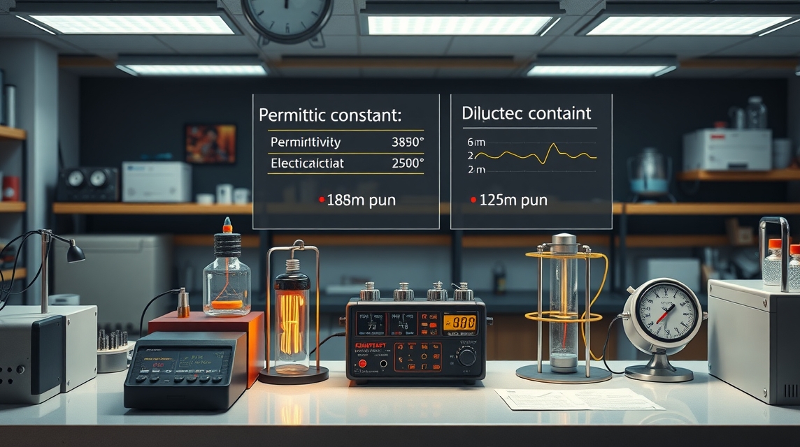 Laboratórne vybavenie s meracími prístrojmi a údajmi o permittivite a elektrickej vodivosti.