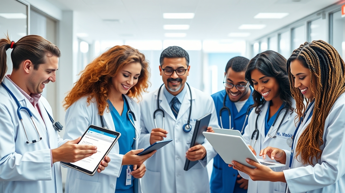 Skupina lekárov v bielych plášťoch sa usmieva a diskutuje o technológiach.