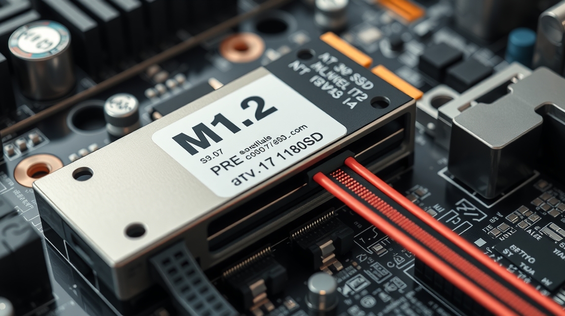 Detailný pohľad na M.2 SSD disk pripojený k základnej doske počítača.