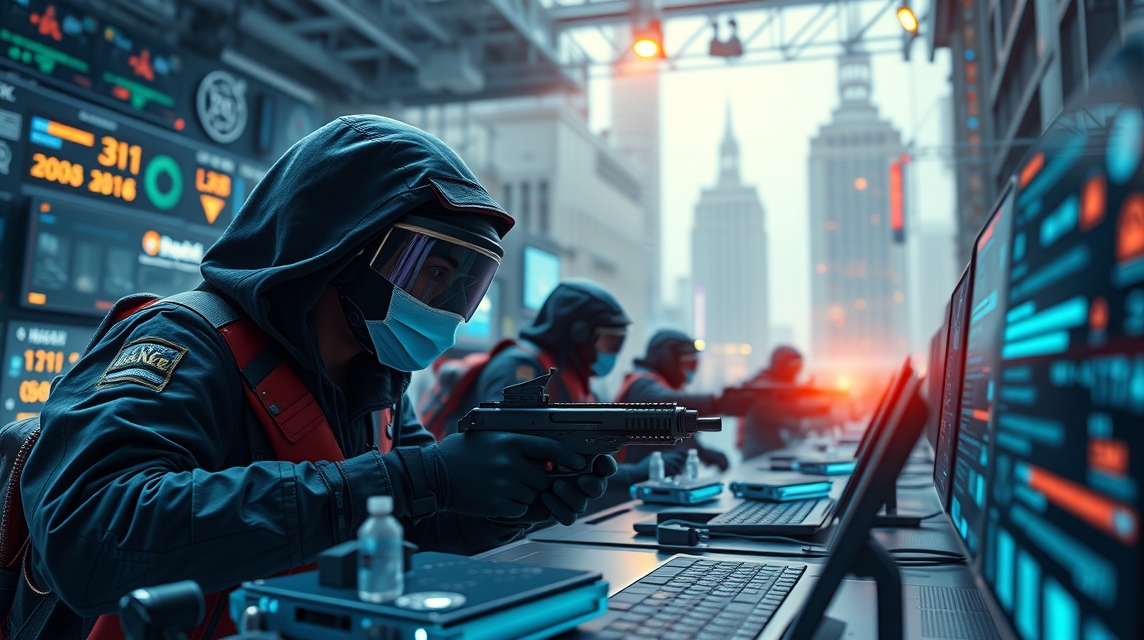 Skupina maskovaných osôb s počítačmi a zbraňami v mestskom prostredí.