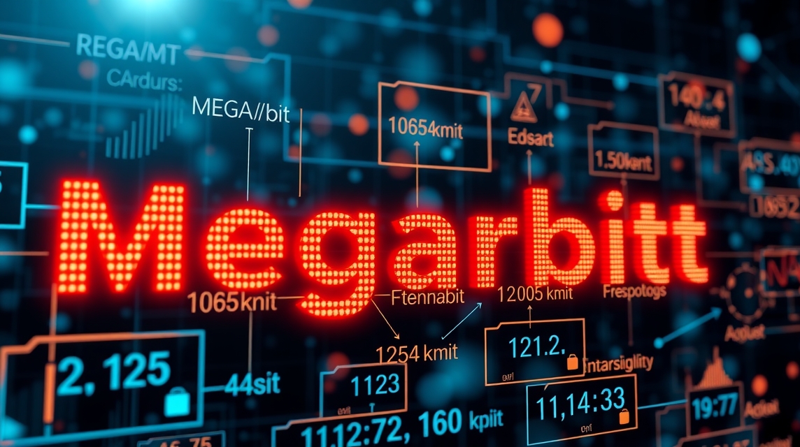 Digitálny displej s nápisom Megabitt a technickými údajmi okolo.