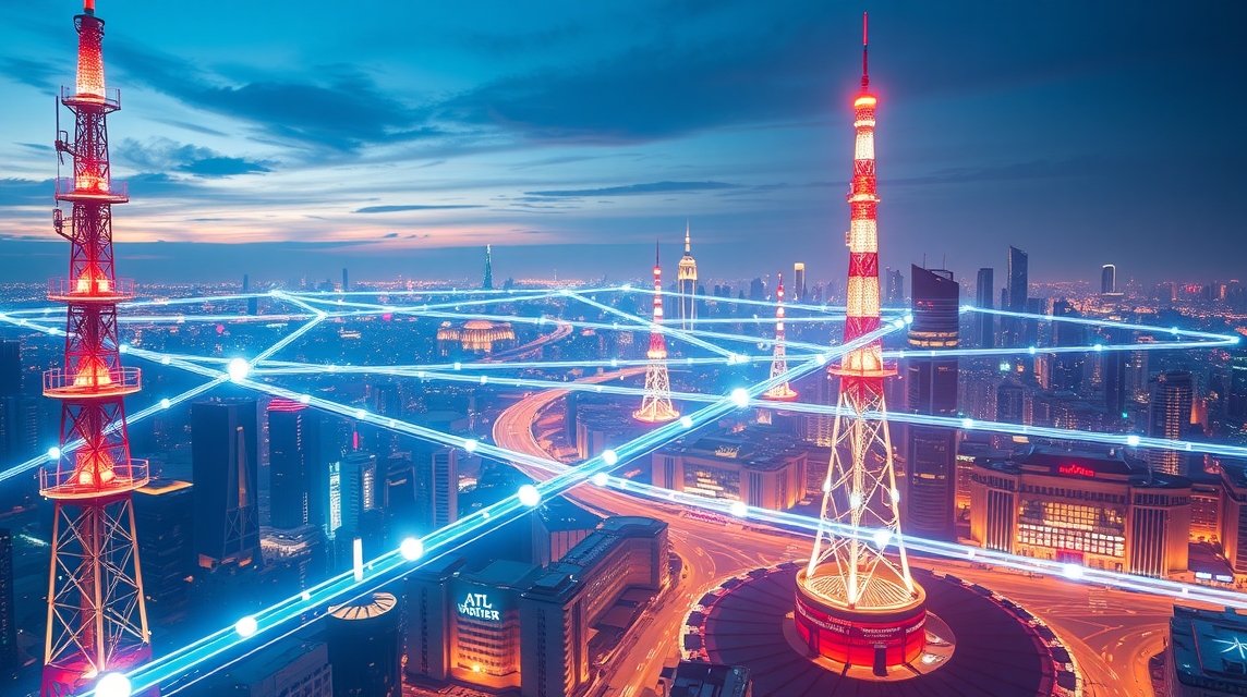 Nočné mesto telekomunikačnými vežami a svetelnými prúdmi.