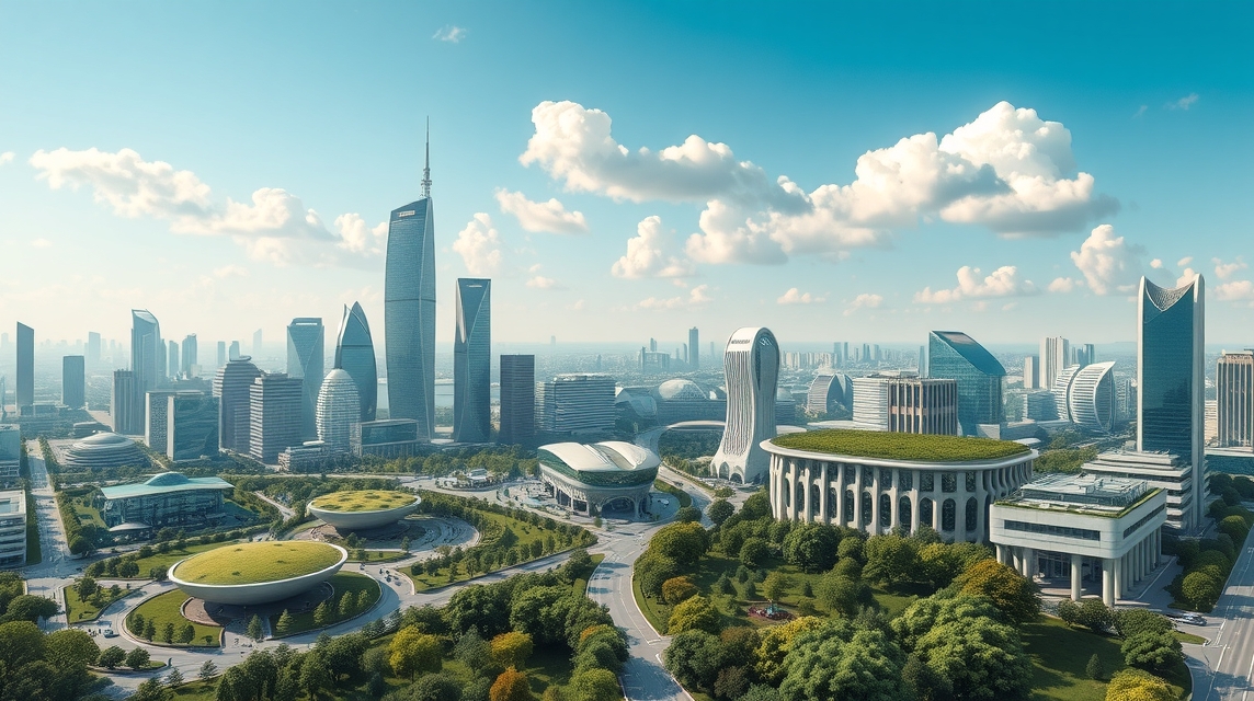 Moderná mestská panoráma s vysokými budovami a zeleňou v popredí.