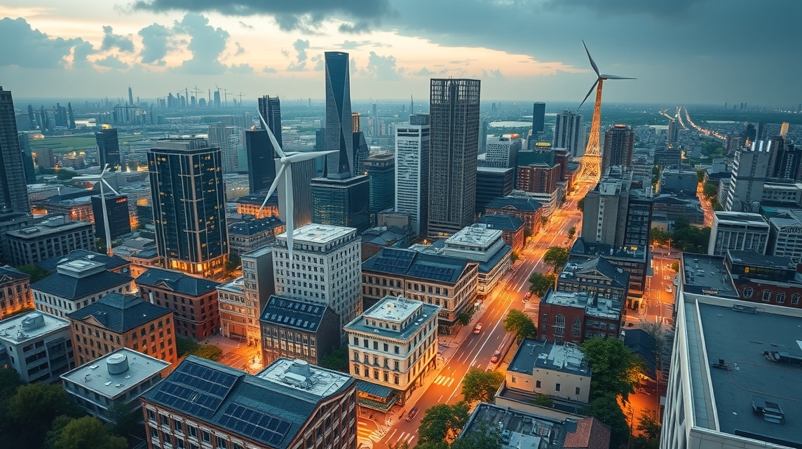 Pohľad na moderné mesto a jeho osvetlené ulice naplnené mrakodrapmi.