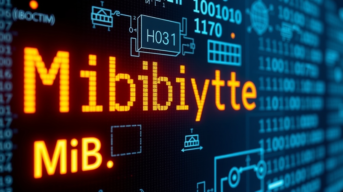 Digitálny displej zobrazuje slovo 'Mibibyte' v oranžovej farbe na tmavom pozadí.