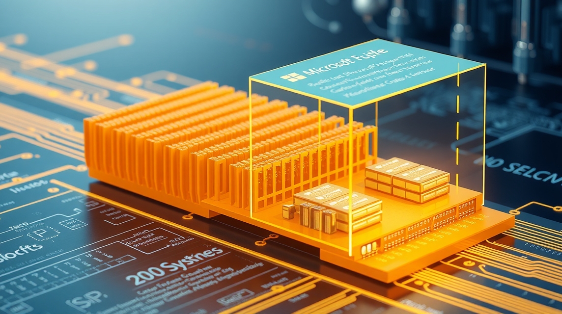 3D model procesora s označením Microsoft na technickej doske.