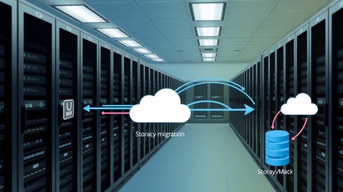 Moderné dátové centrum s servermi a vizualizáciou migrácie úložiska do cloudu.
