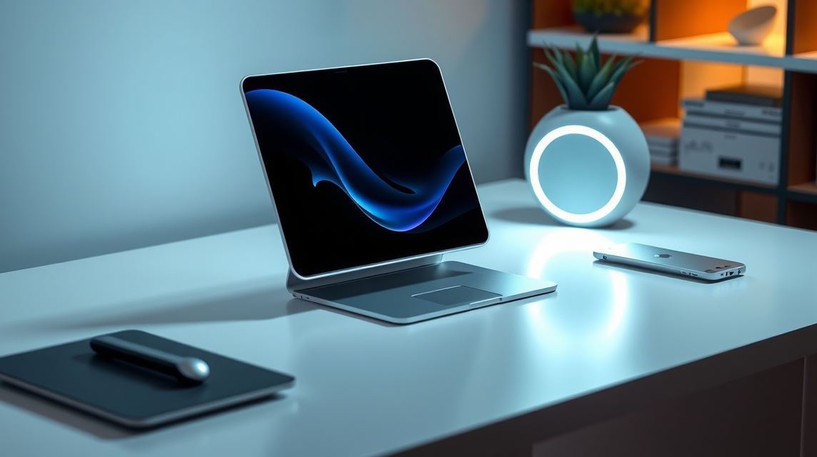 Moderný laptop s minimalistickým dizajnom na stole, vedľa neho smartphone a svietidlo.