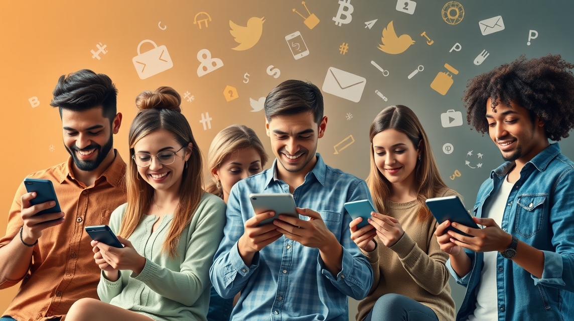 Skupina mladých ľudí sa zabáva pri používaní smartfónov, obklopená ikonami sociálnych médií.