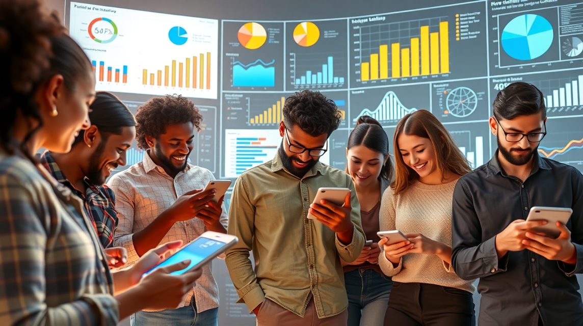Skupina mladých ľudí sa sústreďuje na mobilné zariadenia pred grafmi a štatistikami.