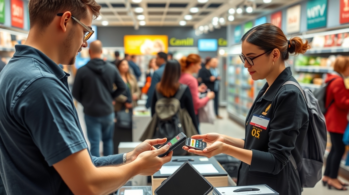 Mladý muž a žena v obchode používajú mobilné platby na nákup.