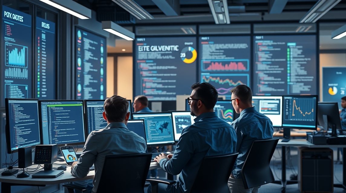 Skupina profesionálov pracuje számítógépeken egy modern irodában, adatelemzéssel foglalkozva.