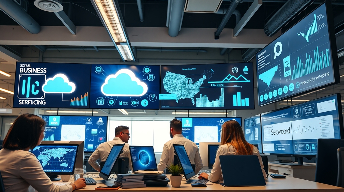 Tím odborníkov dolgozik modern irodában, több képernyőn adatok és grafikonok láthatók.