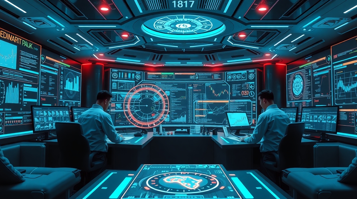 Dva muži dolgozva egy modern, technológiai központban, tele képernyőkkel és adatokkal.