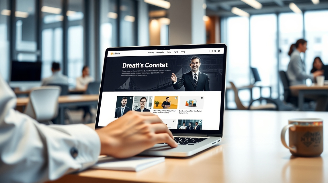 Osoba pracuje na laptopu, amelyen üzleti weboldal látható egy modern irodában.