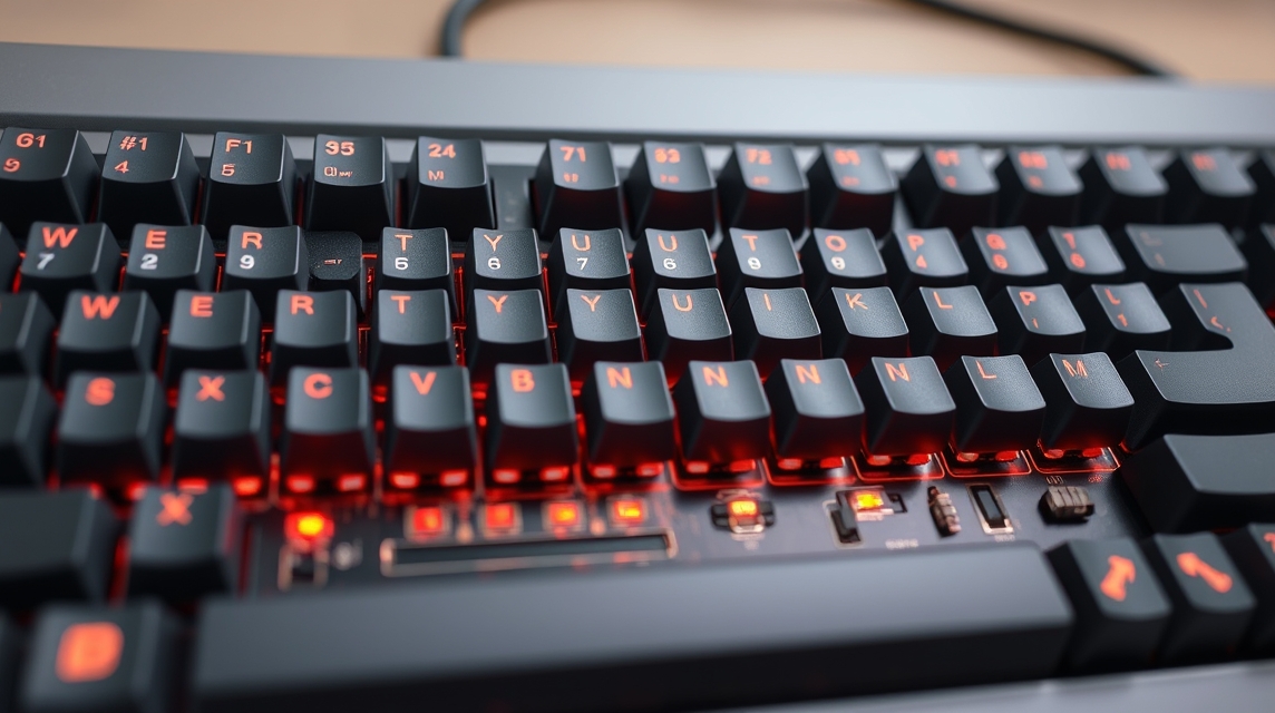 Detail klávesnice s červeným podsvietením a čiernymi klávesmi.