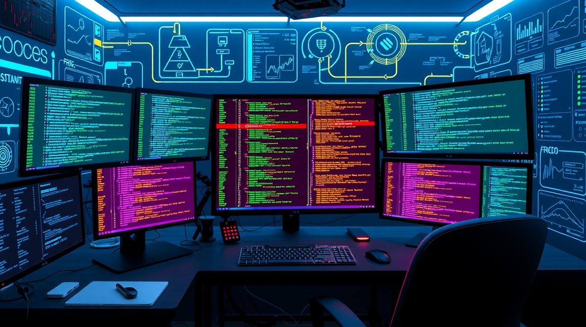 Pracovná stanica s viacerými monitormi, zobrazuje kód a grafy.