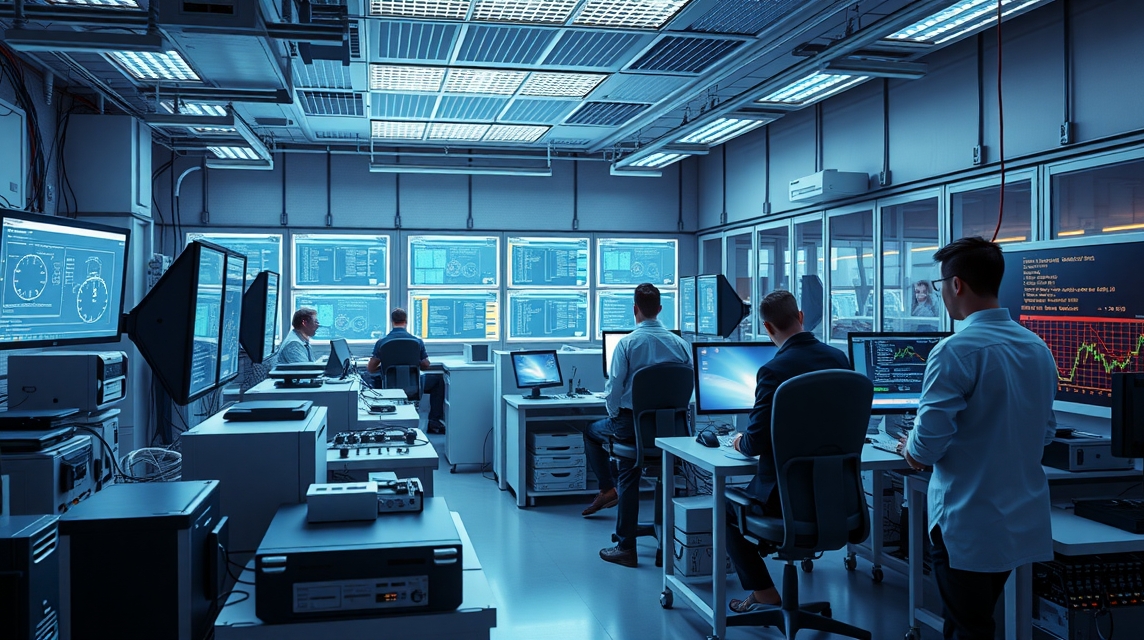 Pracovný priestor s viacerými monitormi a analytikmi pri počítačoch.