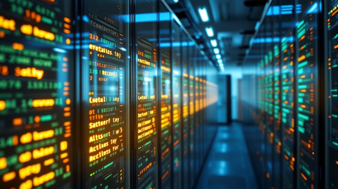 Pohľad na moderný dátový center s blikajúcimi LED svetlami a servermi.