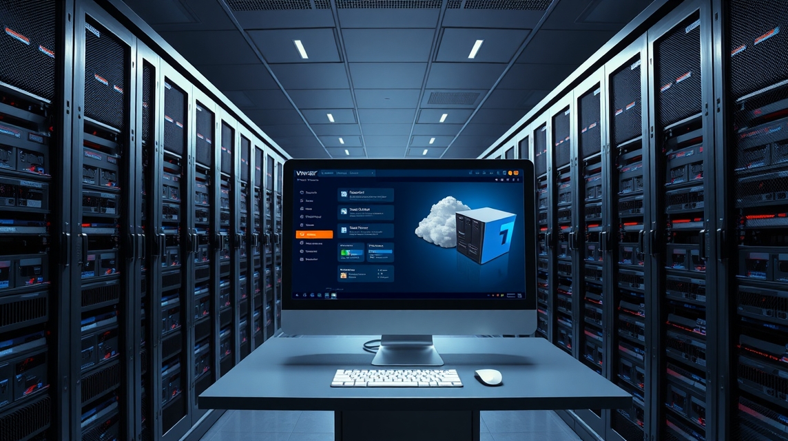 Počítač s moderným rozhraním v dátovom centre s množstvom serverov.