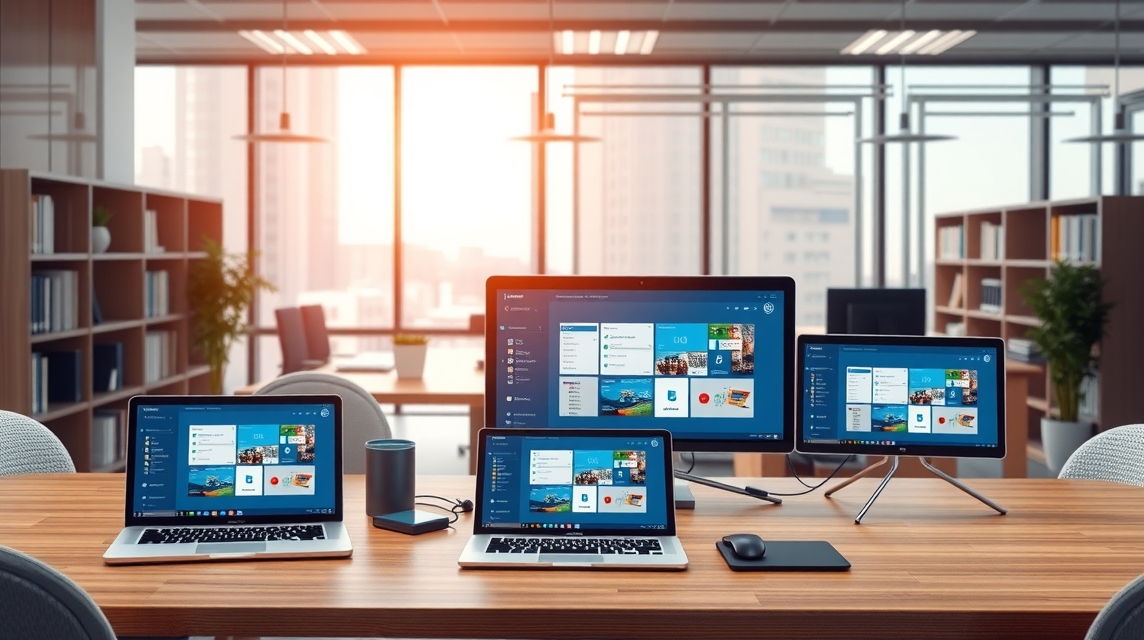 Pracovný stôl s viacerými obrazovkami a notebookmi v modernom kancelárskom prostredí.