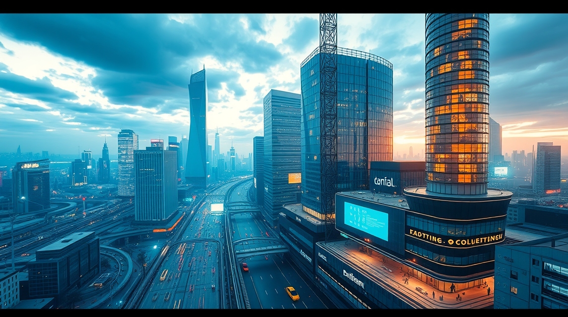 Pohľad na moderné mesto s mrakodrapmi és rušnou dopravou.