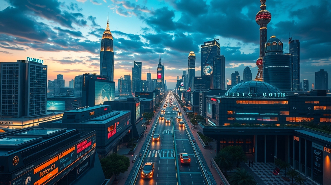 Mestská panoráma s modernými mrakodrapmi a rušnou ulicou za súmraku.