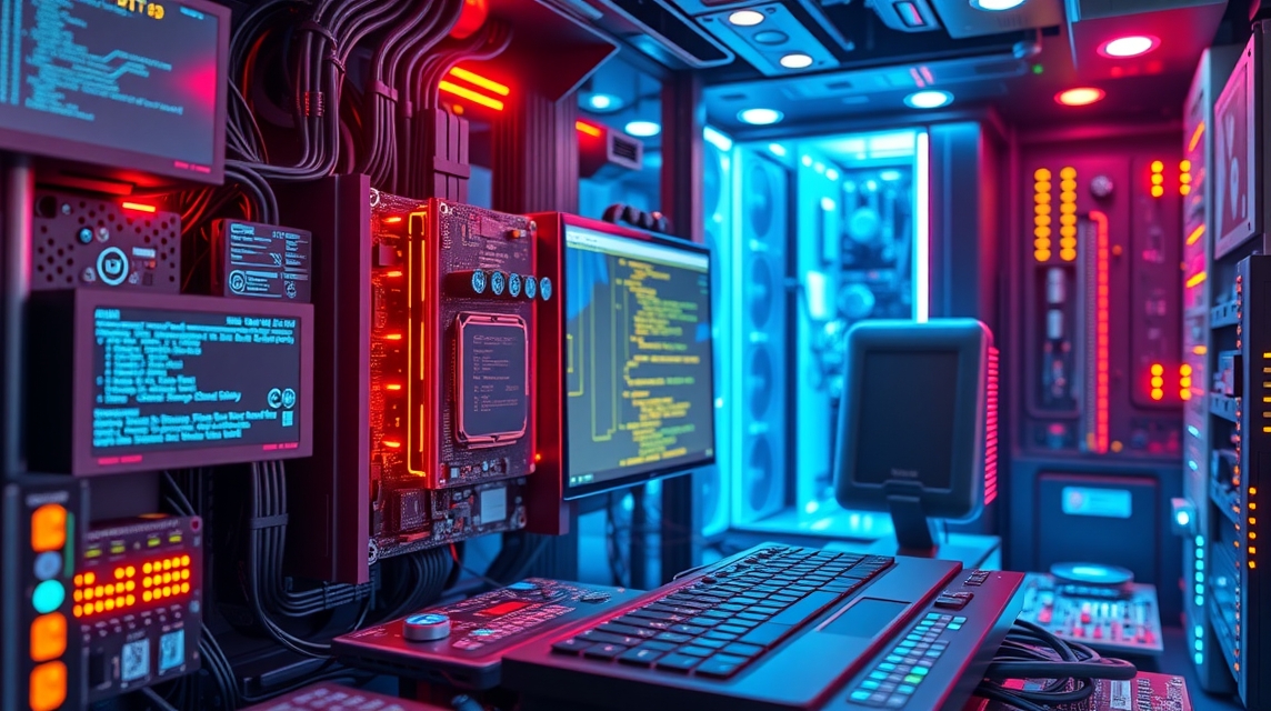 Detailný pohľad na moderný počítačový systém s farebným osvetlením a obrazovkami.