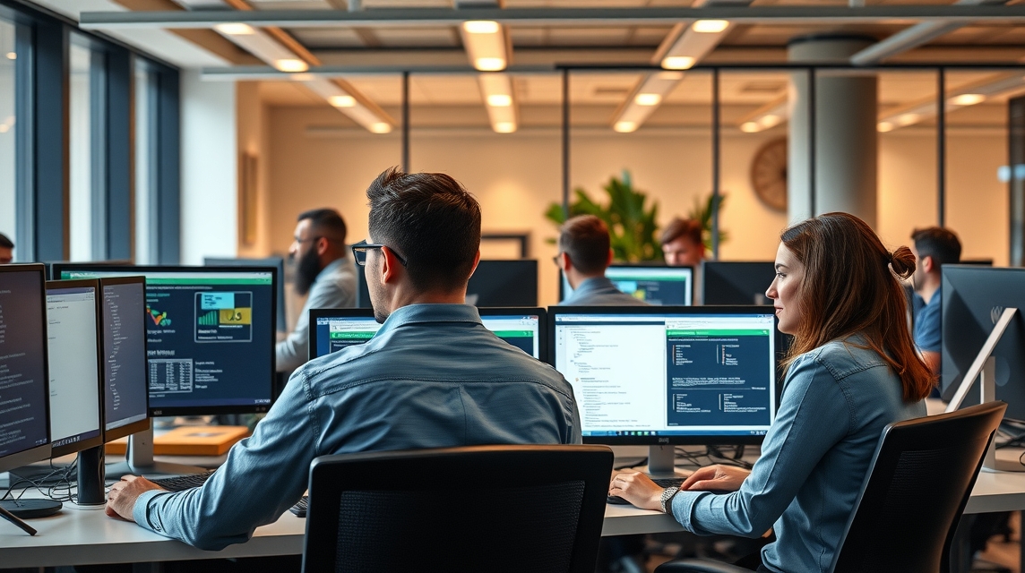 Skupina profesionálov pracuje számítógépeken modern irodai környezetben.