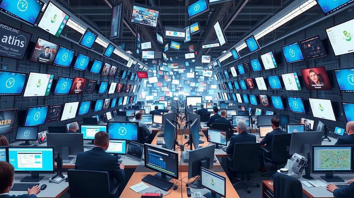 Pracovný priestor s množstvom monitorov a zamestnancami za počítačmi.